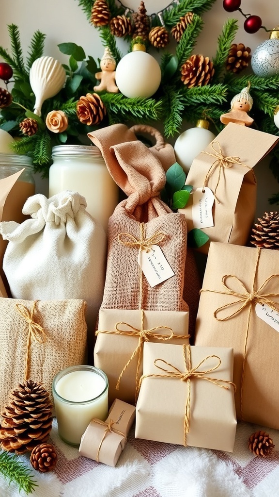 A collection of sustainable Christmas gifts including reusable items and homemade treats, beautifully arranged for the holiday season.